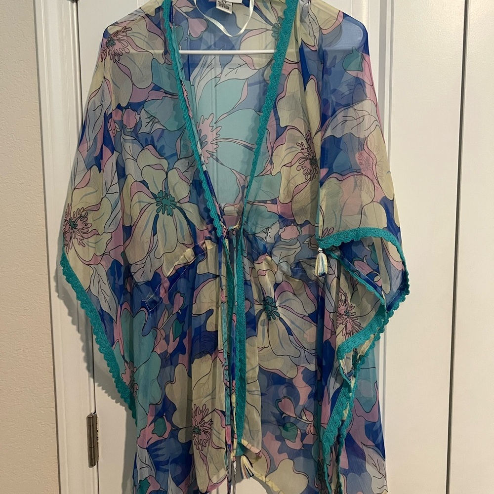 Nine West Floral Sheer Kimono with Teal Trim Swim Cover Up - Picture 2 of 7